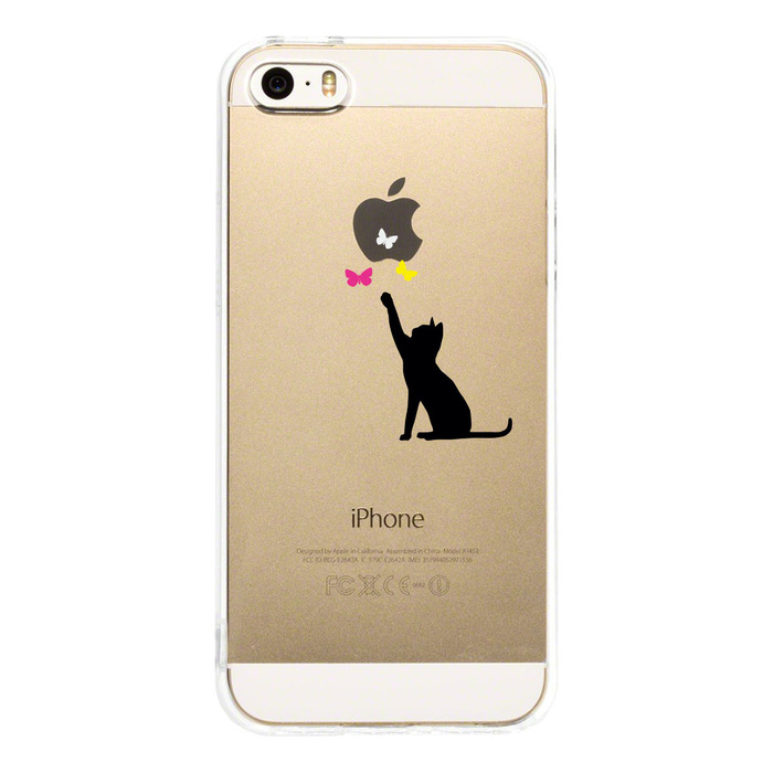 iPhone5 iPhone5s ケース クリア 貓と蝶々 ブラック スマホケース ハード スマホケース ハード-2