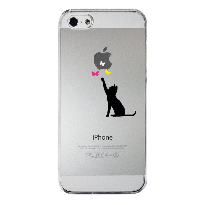 iPhone5 iPhone5s ケース クリア 貓と蝶々 ブラック スマホケース ハード スマホケース ハード-3