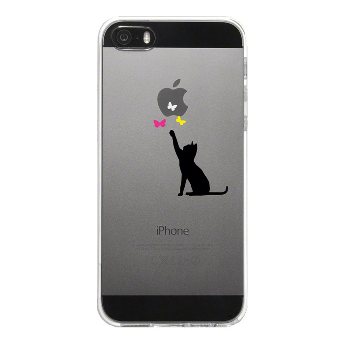 iPhone5 iPhone5s ケース クリア 貓と蝶々 ブラック スマホケース ハード スマホケース ハード-4