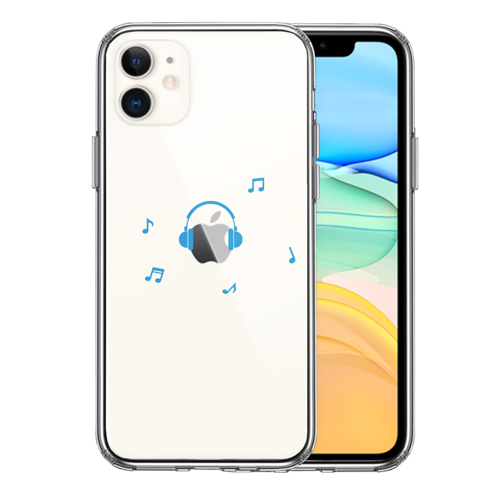 iPhone11 ケース クリア音楽 music ヘッドフォン ブルー スマホケース 側面ソフト 背面ハード ハイブリッド-0