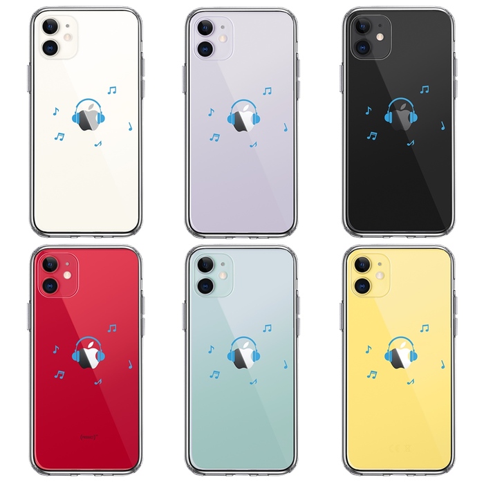 iPhone11 ケース クリア音楽 music ヘッドフォン ブルー スマホケース 側面ソフト 背面ハード ハイブリッド-1
