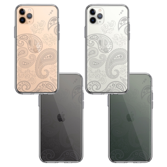 iPhone11pro ケース クリア ペイズリー 柄 ライトグレイ スマホケース 側面ソフト 背面ハード ハイブリッド-1