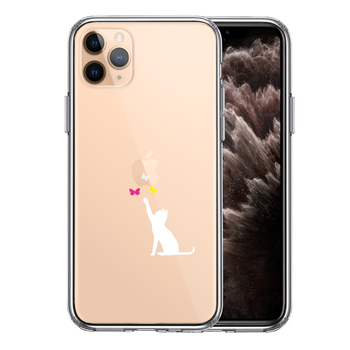iPhone11pro ケース クリア  猫 CAT ねこ にゃんこ 蝶々 ホワイト スマホケース 側面ソフト 背面ハード ハイブリッド-0