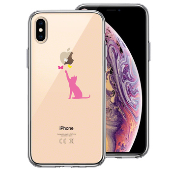 iPhoneX ケース iPhoneXS ケース 猫 CAT ねこ にゃんこ 蝶々 ピンク スマホケース ハイブリッド-0