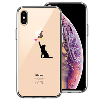 iPhoneX ケース iPhoneXS ケース 猫 CAT ねこ にゃんこ 蝶々 ブラック スマホケース ハイブリッド-0