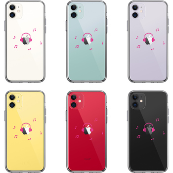 iPhone11 ケース クリア 音楽 music ヘッドフォン ピンク スマホケース 側面ソフト 背面ハード ハイブリッド-1