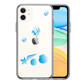 iPhone11 ケース クリア 夏 熱帯魚 と 貝 ブルー スマホケース 側面ソフト 背面ハード ハイブリッド-0