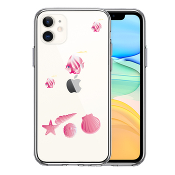 iPhone11 ケース クリア 夏 熱帯魚 と 貝 ピンク スマホケース 側面ソフト 背面ハード ハイブリッド-0