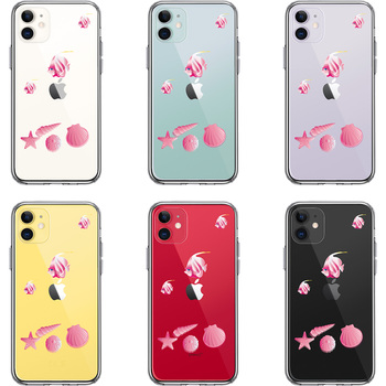 iPhone11 ケース クリア 夏 熱帯魚 と 貝 ピンク スマホケース 側面ソフト 背面ハード ハイブリッド-1