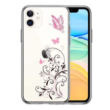 iPhone11 ケース クリア フローラル ＆ バタフライ (ピンク スマホケース 側面ソフト 背面ハード ハイブリッド-0