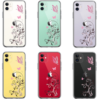 iPhone11 ケース クリア フローラル ＆ バタフライ (ピンク スマホケース 側面ソフト 背面ハード ハイブリッド-1