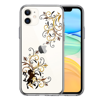iPhone11 ケース クリア フローラル ＆ ユニコーン (ブラウン スマホケース 側面ソフト 背面ハード ハイブリッド-0