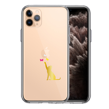iPhone11pro ケース クリア 蝶々 気になる 猫 ネコ ゴールド スマホケース 側面ソフト 背面ハード ハイブリッド-0