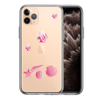 iPhone11pro ケース クリア 夏 熱帯魚 と 貝 ピンク スマホケース 側面ソフト 背面ハード ハイブリッド-0