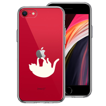 iPhoneSE ケース 第3世代 第2世代 クリア ぶらさがりネコ ホワイト スマホケース 側面ソフト 背面ハード ハイブリッド-0