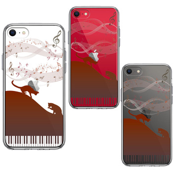 iPhoneSE ケース 第3世代 第2世代 クリア ピアノ シルエット猫 ブラウン スマホケース 側面ソフト 背面ハード ハイブリッド-1