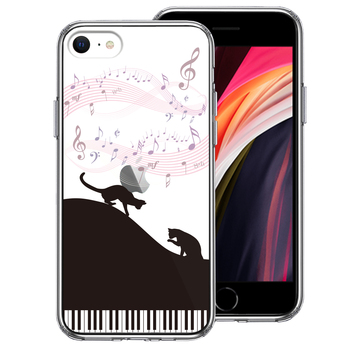 iPhoneSE ケース 第3世代 第2世代 クリア ピアノ シルエット猫 ブラック スマホケース 側面ソフト 背面ハード ハイブリッド-0