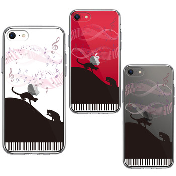 iPhoneSE ケース 第3世代 第2世代 クリア ピアノ シルエット猫 ブラック スマホケース 側面ソフト 背面ハード ハイブリッド-1
