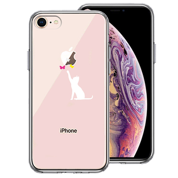 iPhone7 iPhone8 ケース クリア 猫 にゃんこ 蝶々 ホワイト スマホケース 側面ソフト 背面ハード ハイブリッド-0