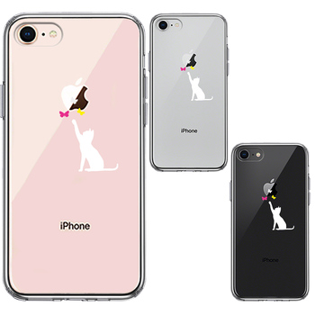 iPhone7 iPhone8 ケース クリア 猫 にゃんこ 蝶々 ホワイト スマホケース 側面ソフト 背面ハード ハイブリッド-1