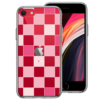 iPhoneSE ケース 第3世代 第2世代 クリア ブロック チェック ピンク スマホケース 側面ソフト 背面ハード ハイブリッド-0