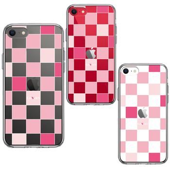 iPhoneSE ケース 第3世代 第2世代 クリア ブロック チェック ピンク スマホケース 側面ソフト 背面ハード ハイブリッド-1