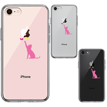 iPhone7 iPhone8 ケース クリア 猫 にゃんこ 蝶々 ピンク スマホケース 側面ソフト 背面ハード ハイブリッド-1