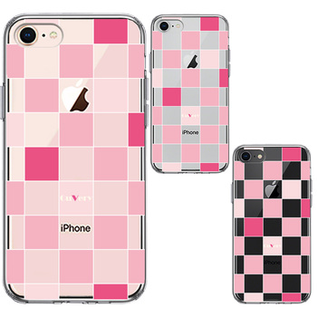 iPhone7 iPhone8 ケース クリア ブロック チェック ピンク スマホケース 側面ソフト 背面ハード ハイブリッド-1