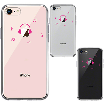 iPhone8 ケース クリア 音楽 music ヘッドフォン ヘッドホン ピンク スマホケース 側面ソフト 背面ハード ハイブリッド-1