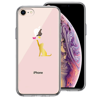 iPhone7 iPhone8 ケース クリア 蝶々 にゃんこ 猫 ネコ ゴールド スマホケース 側面ソフト 背面ハード ハイブリッド-0
