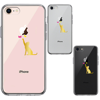 iPhone7 iPhone8 ケース クリア 蝶々 にゃんこ 猫 ネコ ゴールド スマホケース 側面ソフト 背面ハード ハイブリッド-1