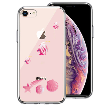 iPhone7 iPhone8 ケース クリア 夏 熱帯魚 と 貝 ピンク スマホケース 側面ソフト 背面ハード ハイブリッド-0