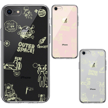 iPhone8 ケース クリア UFO 宇宙人 グリーン スマホケース 側面ソフト 背面ハード ハイブリッド-1
