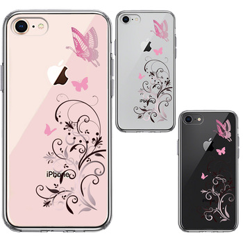 iPhone7 iPhone8 ケース クリア フローラル バタフライ ピンク スマホケース 側面ソフト 背面ハード ハイブリッド-1