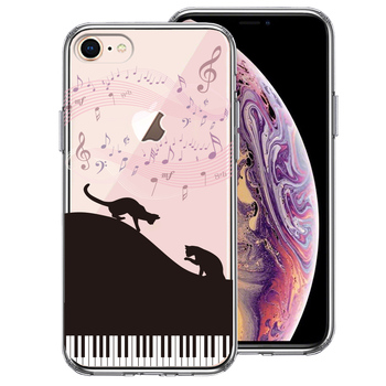 iPhone7 iPhone8 ケース クリア ピアノ シルエット猫 ブラック スマホケース 側面ソフト 背面ハード ハイブリッド-0