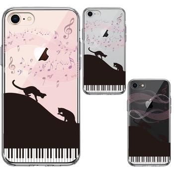 iPhone7 iPhone8 ケース クリア ピアノ シルエット猫 ブラック スマホケース 側面ソフト 背面ハード ハイブリッド-1
