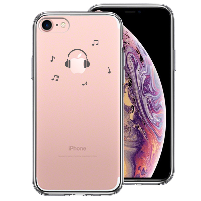 iPhone7 ケース クリア 音楽 music ヘッドフォン ヘッドホン グレー スマホケース 側面ソフト 背面ハード ハイブリッド-0