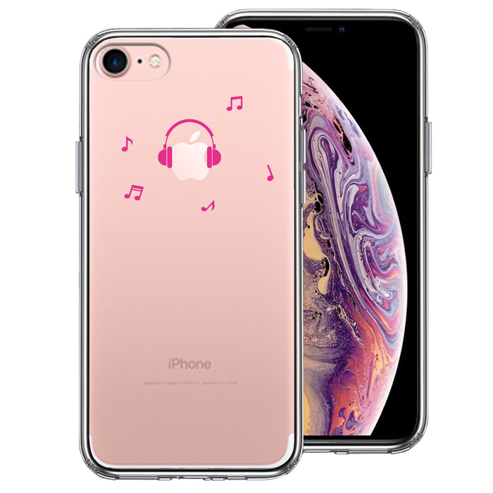 iPhone7 ケース クリア 音楽 music ヘッドフォン ヘッドホン ピンク スマホケース 側面ソフト 背面ハード ハイブリッド-0