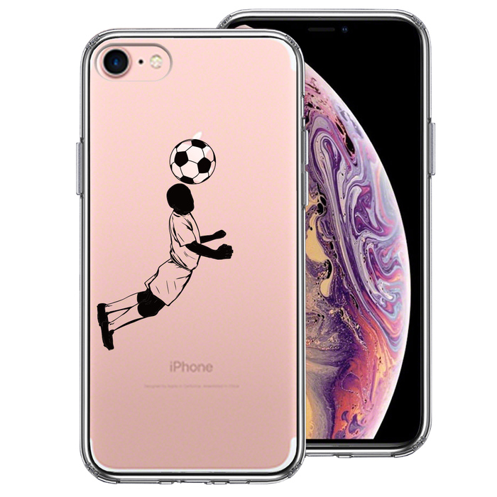 iPhone7 ケース クリア サッカー ヘディング 男子 黒 スマホケース 側面ソフト 背面ハード ハイブリッド-0