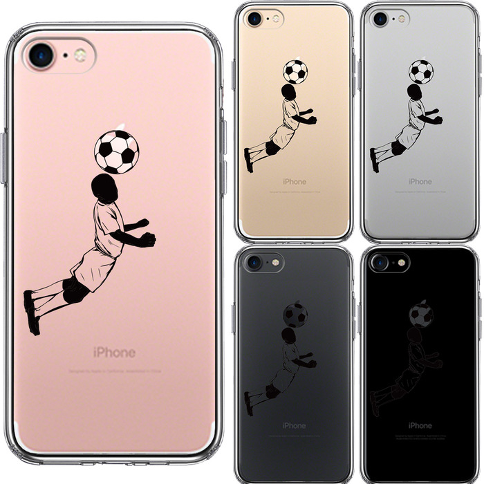 iPhone7 ケース クリア サッカー ヘディング 男子 黒 スマホケース 側面ソフト 背面ハード ハイブリッド-1
