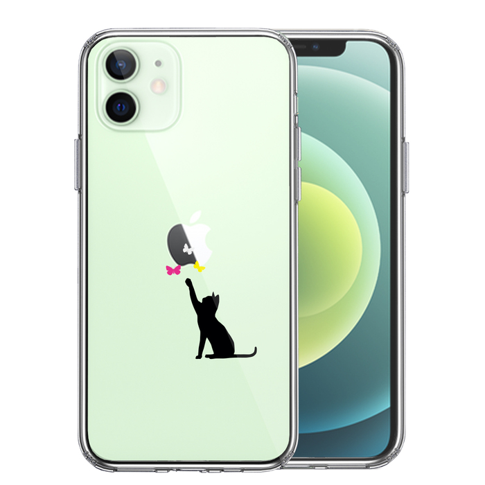 iPhone12 ケース クリア 猫 CAT ねこ 蝶々 ブラック スマホケース 側面ソフト 背面ハード ハイブリッド-0