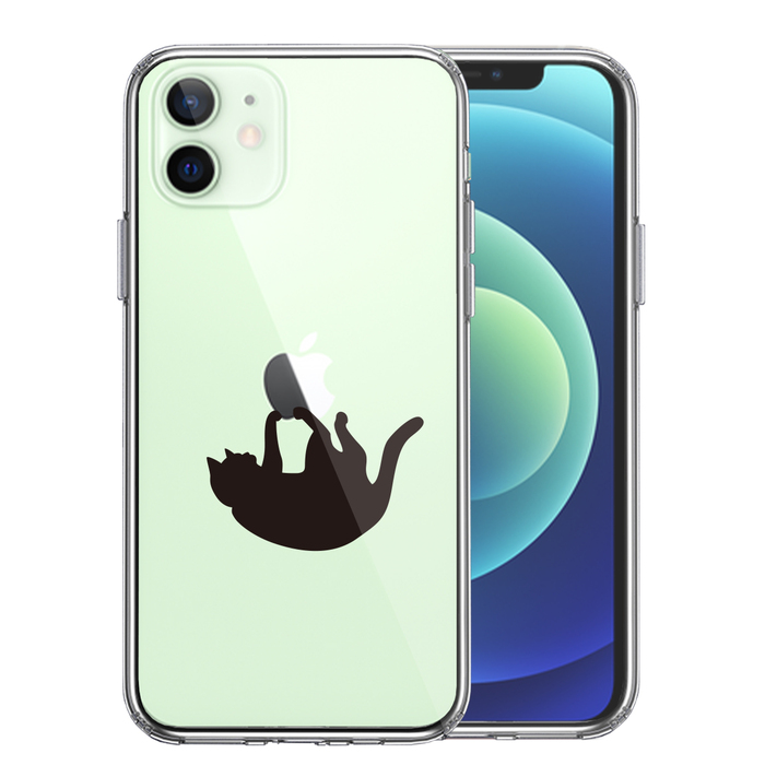 iPhone12 ケース クリア ぶらさがりネコ スマホケース 側面ソフト 背面ハード ハイブリッド-0