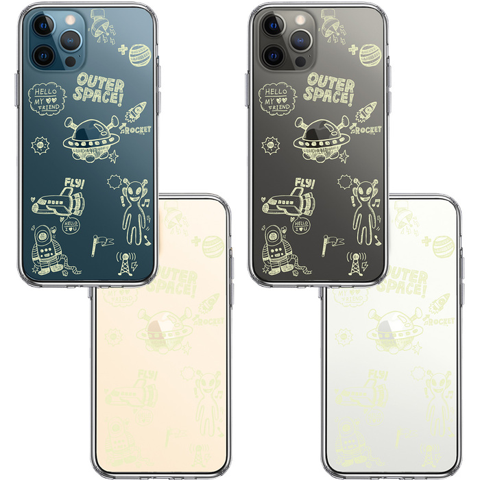 iPhone12Pro ケース クリア UFO 宇宙人 グリーン スマホケース 側面ソフト 背面ハード ハイブリッド-1