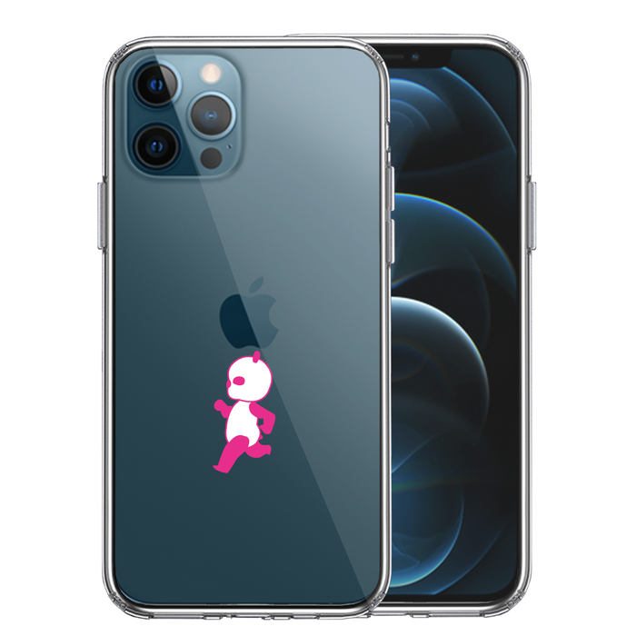 iPhone12Pro ケース クリア ピンク Panda パンダ 小走り スマホケース 側面ソフト 背面ハード ハイブリッド-0