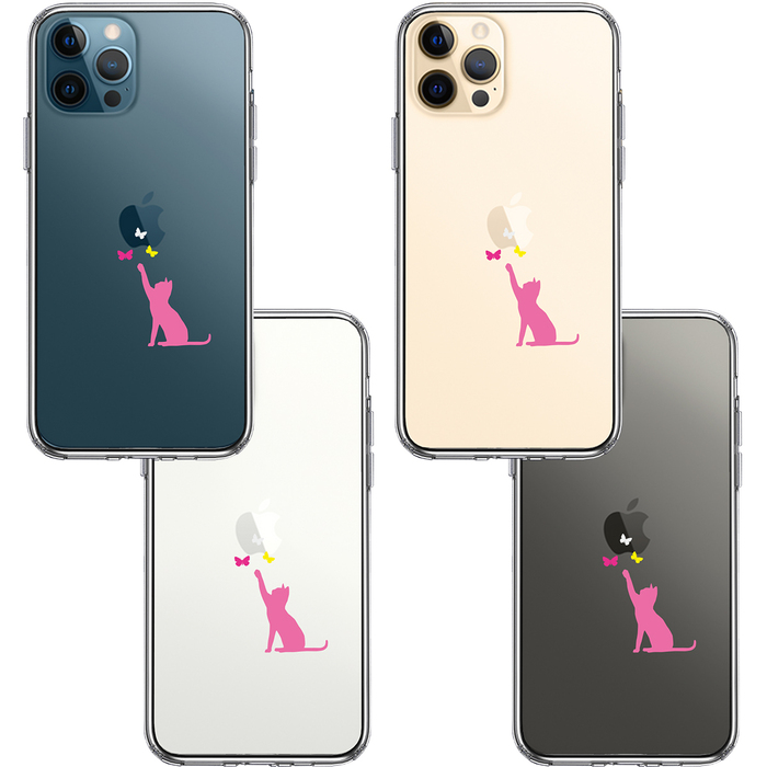 iPhone12Pro ケース クリア 猫 CAT ねこ にゃんこ 蝶々 ピンク スマホケース 側面ソフト 背面ハード ハイブリッド-1