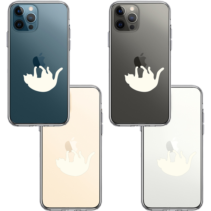 iPhone12Pro ケース クリア ぶらさがりネコ ホワイト スマホケース 側面ソフト 背面ハード ハイブリッド-1