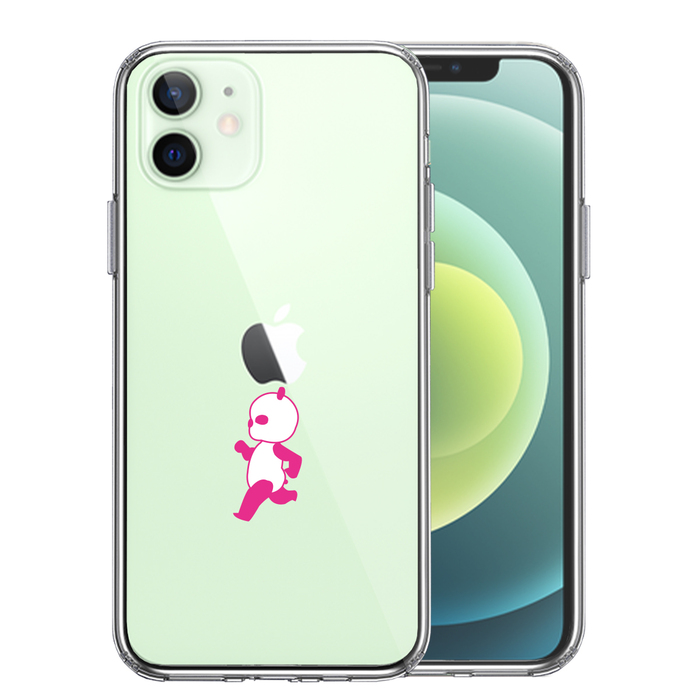 iPhone12 ケース クリア ピンク Panda パンダ 小走り スマホケース 側面ソフト 背面ハード ハイブリッド-0