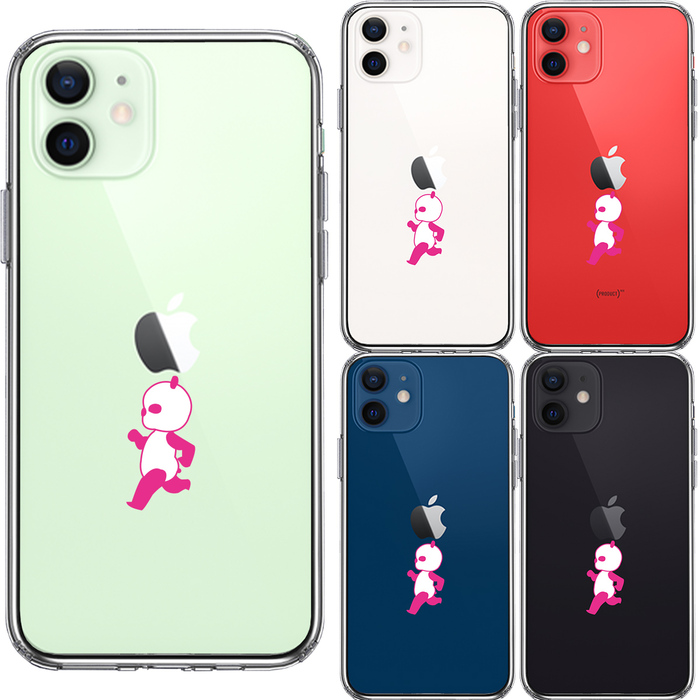iPhone12 ケース クリア ピンク Panda パンダ 小走り スマホケース 側面ソフト 背面ハード ハイブリッド-1