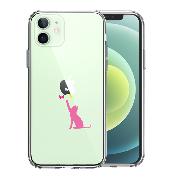 iPhone12 ケース クリア 猫 CAT ねこ にゃんこ 蝶々 ピンク スマホケース 側面ソフト 背面ハード ハイブリッド-0