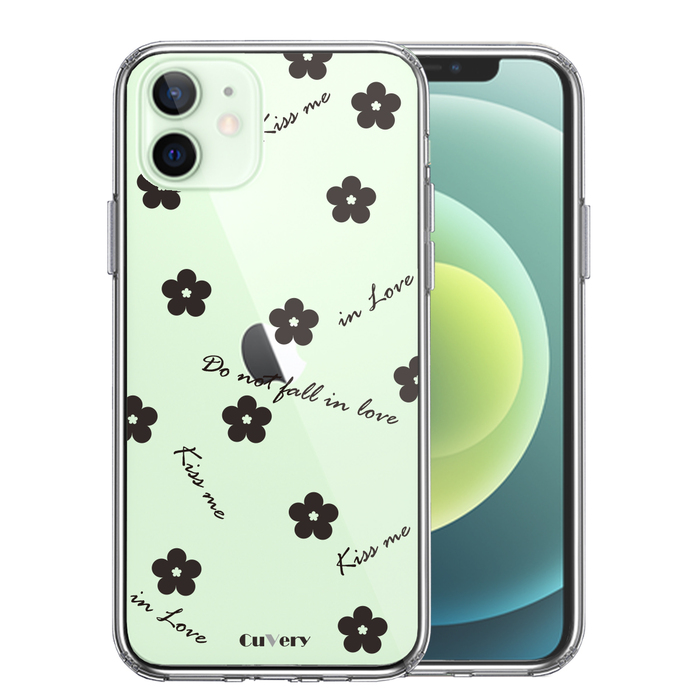 iPhone12mini ケース クリア フラワー ブラック スマホケース 側面ソフト 背面ハード ハイブリッド-0